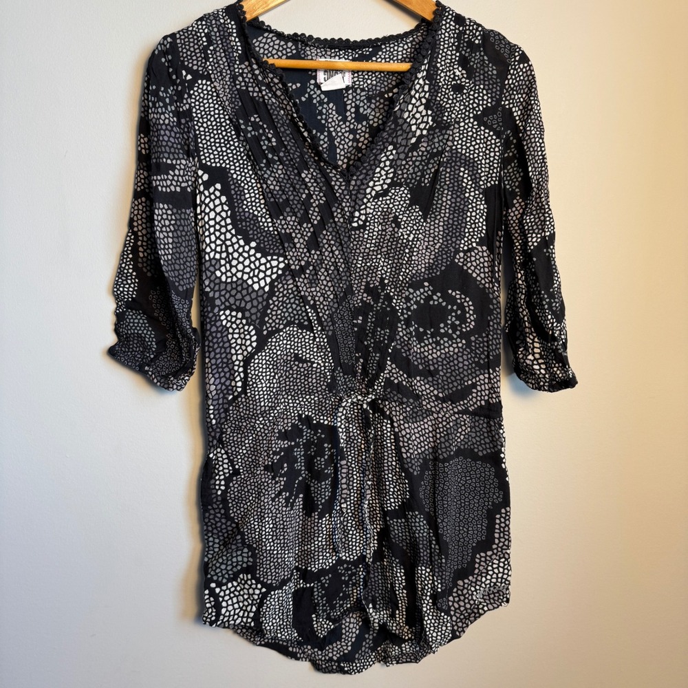 Billabong Womens Tunic Cover Up Beach Top Black Gray 3/4 Sleeve Tie Waist Medium